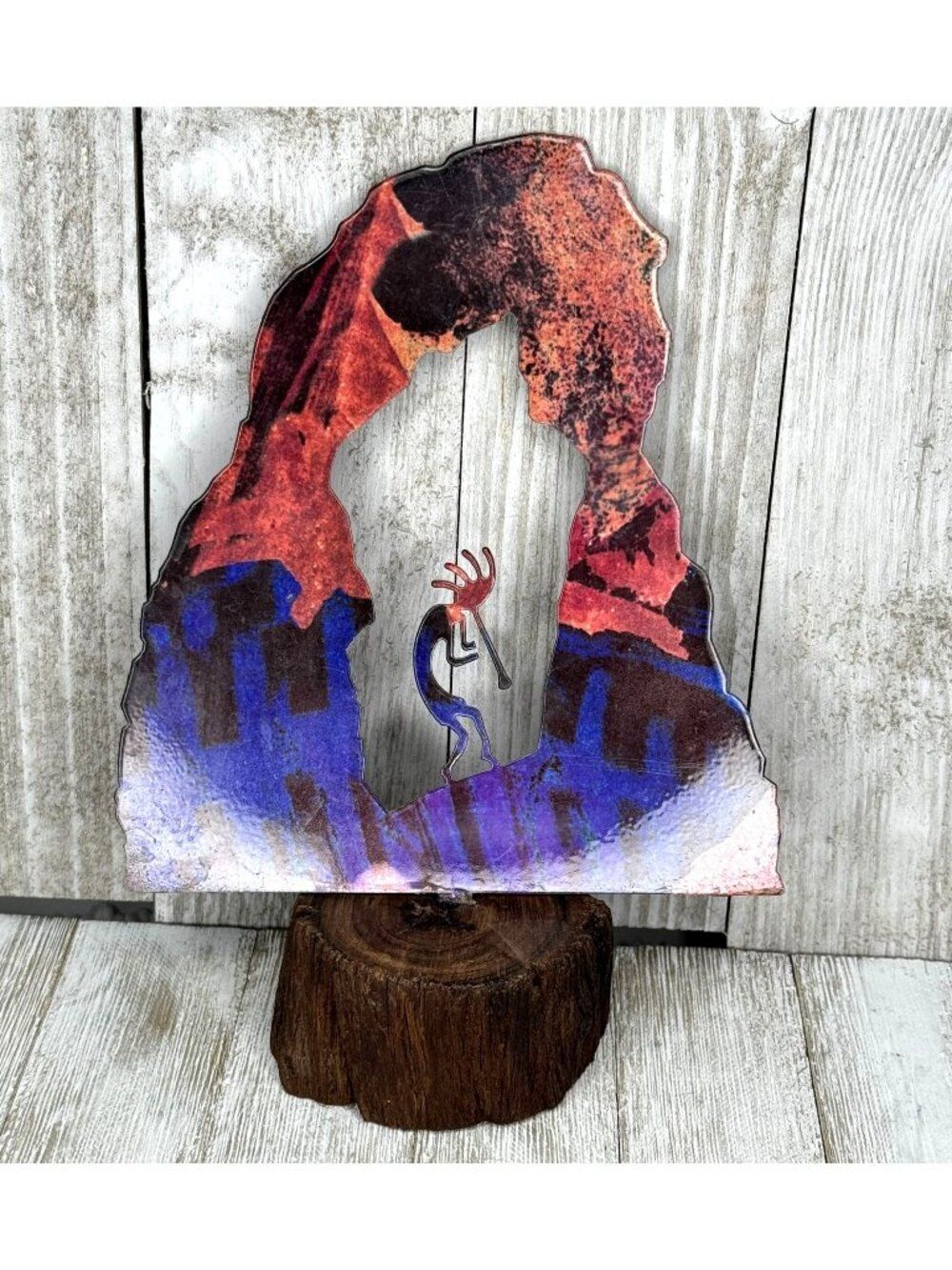 Vintage Metal Sculpture of Kokopelli on a Wood Base